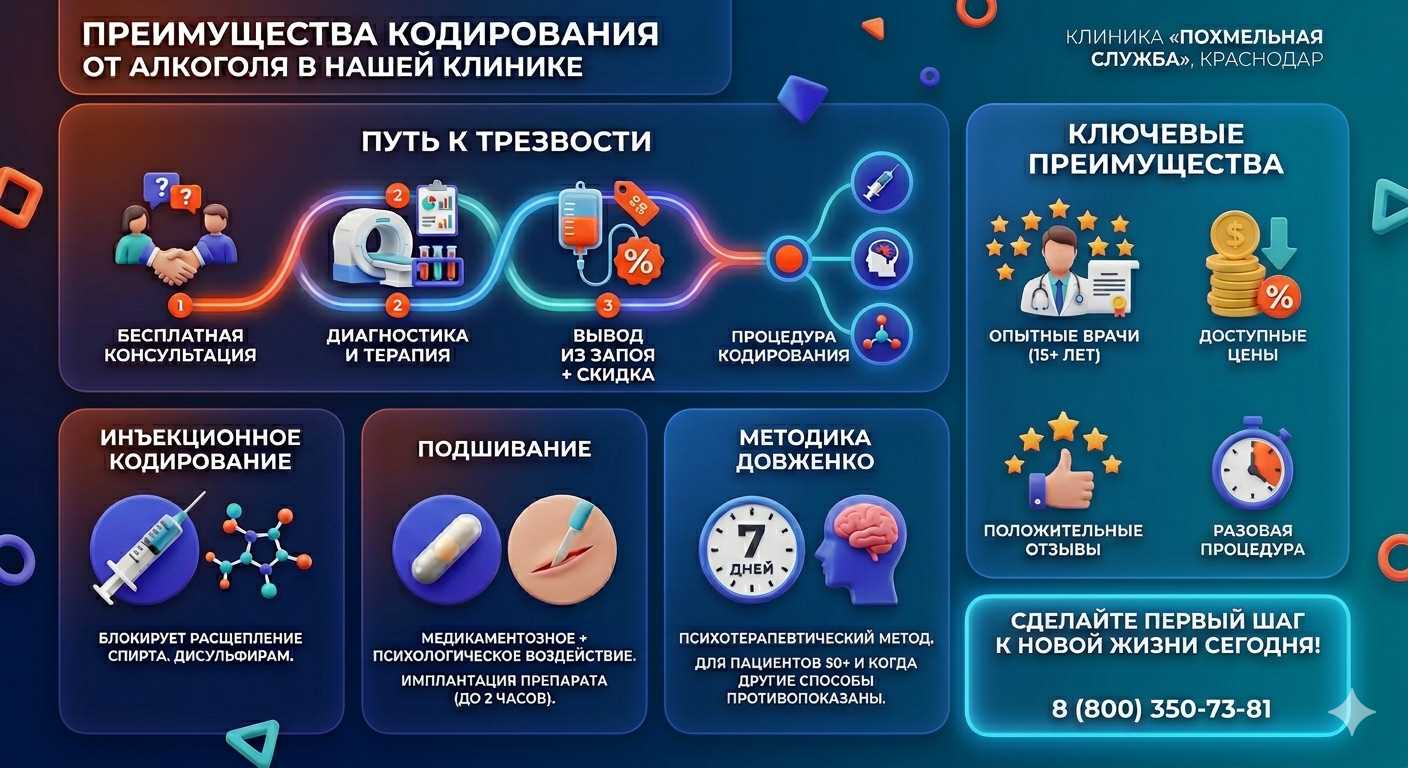 Инфографика о методах кодирования от алкоголя в Межгорье: инъекции, подшивание, метод Довженко. Преимущества клиники и этапы лечения.