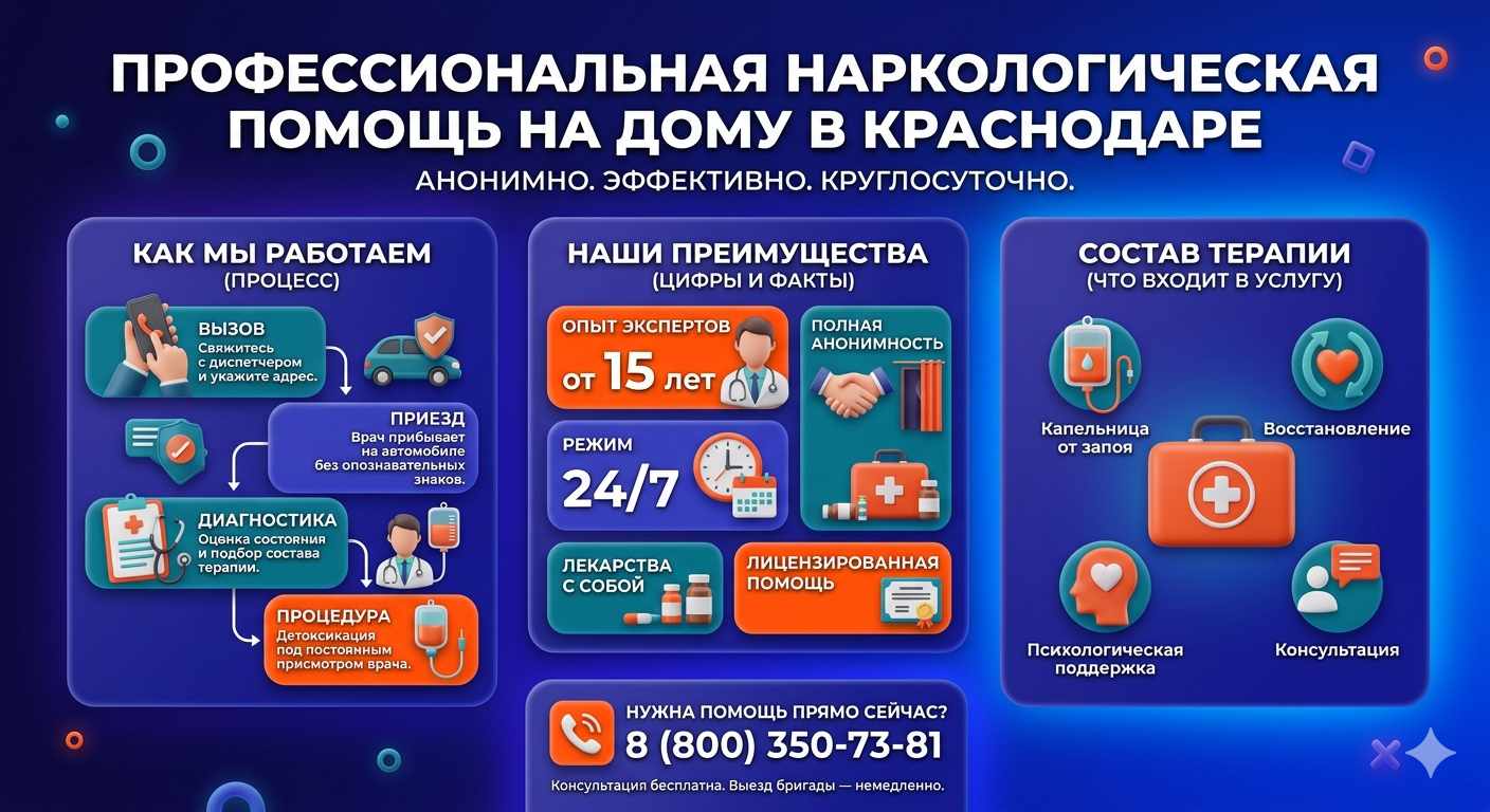 Инфографика о принципах лечения алкоголизма на дому в Межгорье: этапы вызова нарколога, преимущества анонимной детоксикации и состав медицинской помощи.